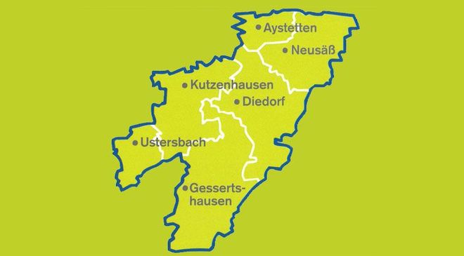 A lime green map featuring administrative boundaries for Aystetten, Neusäß, Kutzenhausen, Diedorf, Ustersbach