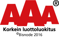 AAA Korkein luottokituksen logo punaisena ja mustana, ®-symbolilla ja Bisnode 2016 -tekstillä