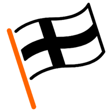 Tyylitelty mustavalkoinen lippu oranssissa tangossa, vinosti heiluen.