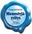 Sininen pyöreä rintamerkki, jossa valkoisella tekstillä ”Menestyä yrittis 2016” ja valkoinen aaltokuvio