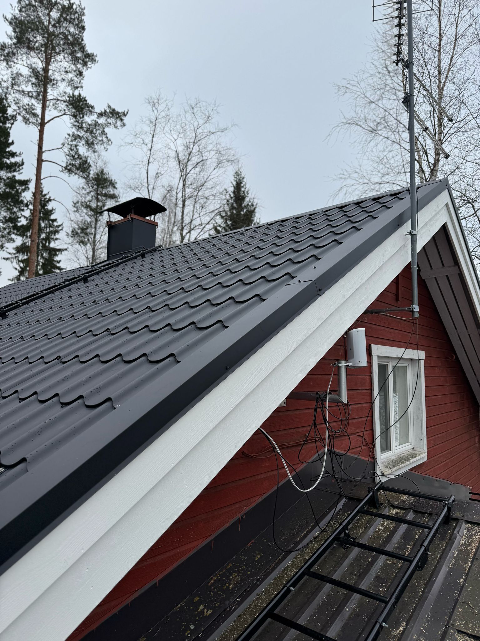 Luminen katto, jossa on tummat metallitiilet ja punainen talo harmaan talvitaivaan alla