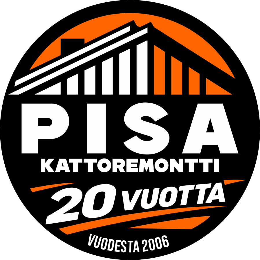 PISA Kattoremontti 20 vuotta -logo, musta-oranssi py&ouml;re&auml; tunnus ja teksti &rdquo;vuodesta 2006&rdquo;.
