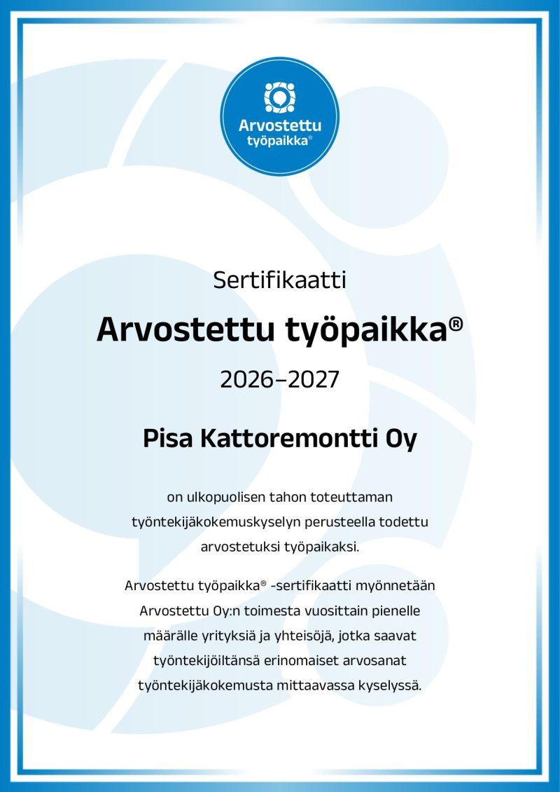 Sertifikaatti Arvostettu työpaikka 2026–2027, Pisa Kattoremontti Oy, sinivalkoinen kehystetty diplomikuva