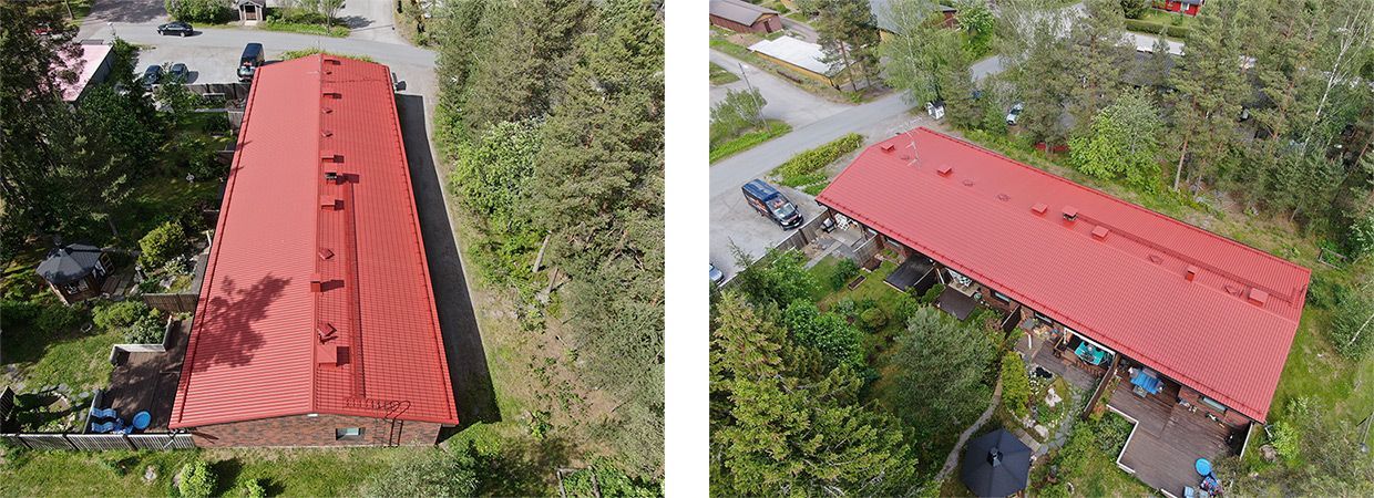 Ilmakuvia pitkästä punakattoisesta rakennuksesta, jota ympäröivät puut ja vehreys.