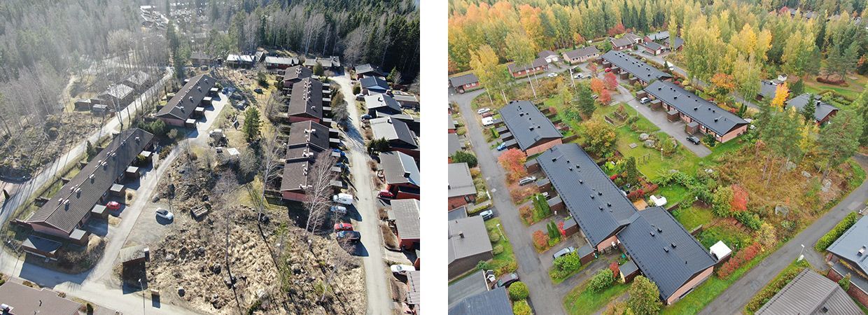 Ilmakuva kahdesta vierekkäisestä naapurustomaisemasta: vasemmalla vaurioituneita taloja, oikealla ehjiä taloja ja syksyisiä puita.