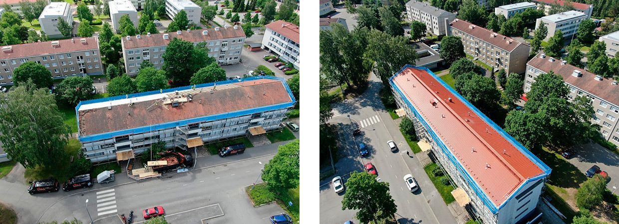 Ilmakuva pitkästä oranssikattoisesta rakennuksesta kadun ja puiden vieressä asuinalueella