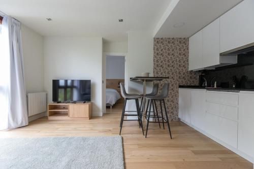 Moderno apartamento tipo estudio con cocina, sala de estar y dormitorio a la vista.