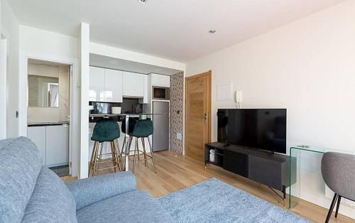 Interior de apartamento pequeño y moderno con sofá, cocina, televisión y baño.