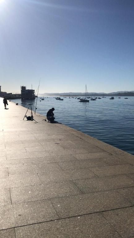 Persona pescando en una soleada orilla del agua junto a otros barcos.