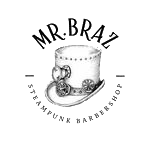 Logotipo de la barbería Steampunk del Sr. Braz: sombrero de copa con engranajes y remaches, blanco y negro.