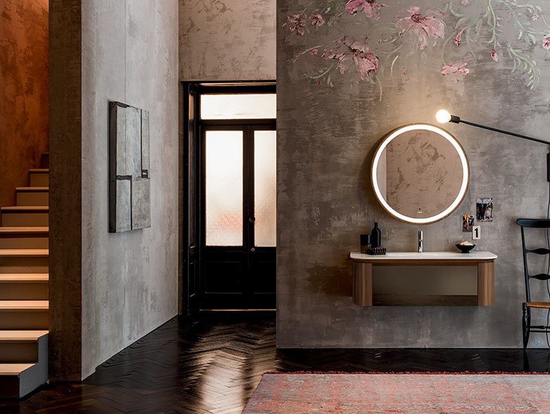 Meuble de salle de bain suspendu avec miroir rond et éclairé