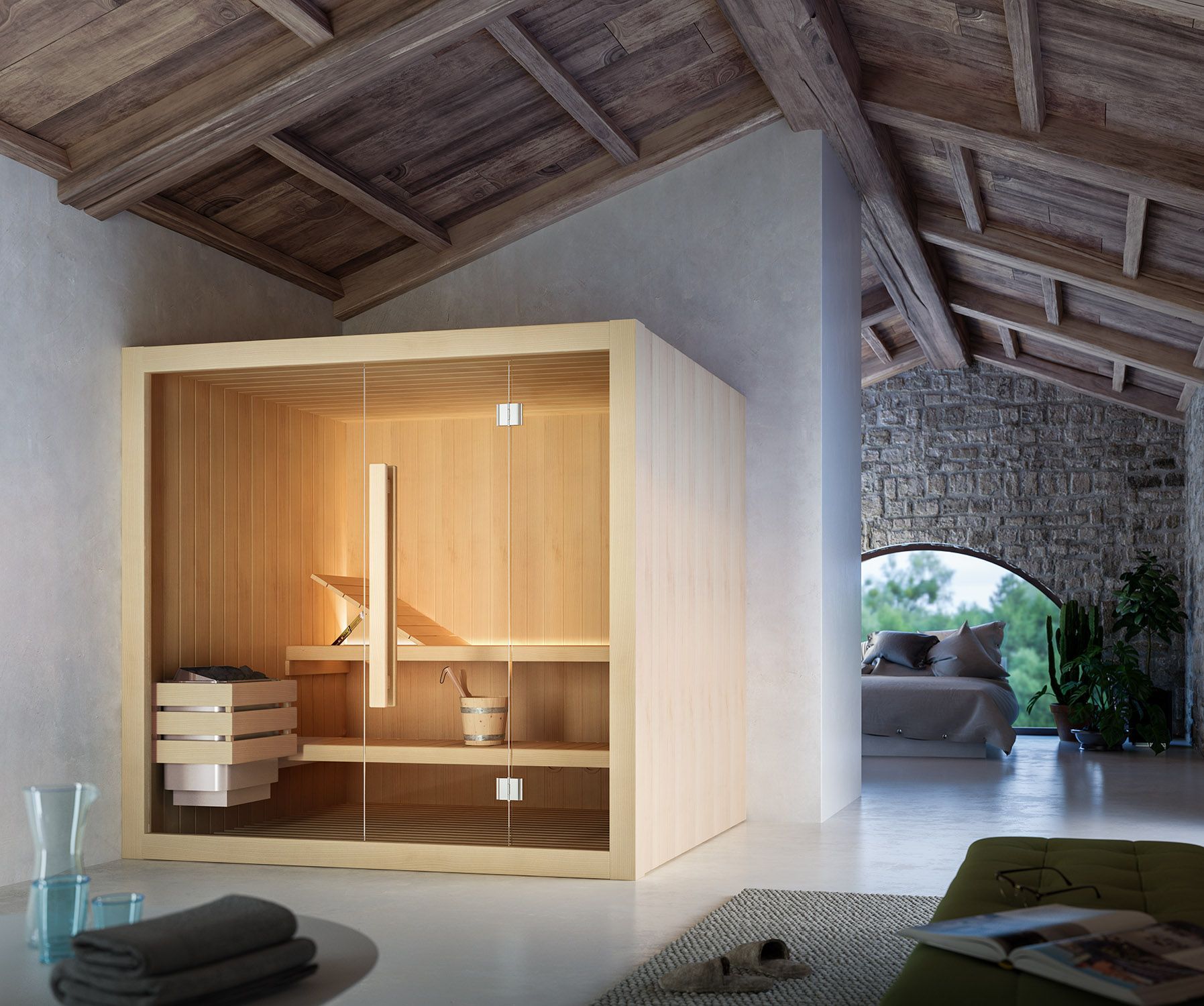 Vue extérieure d'une cabine de hammam sous des combles