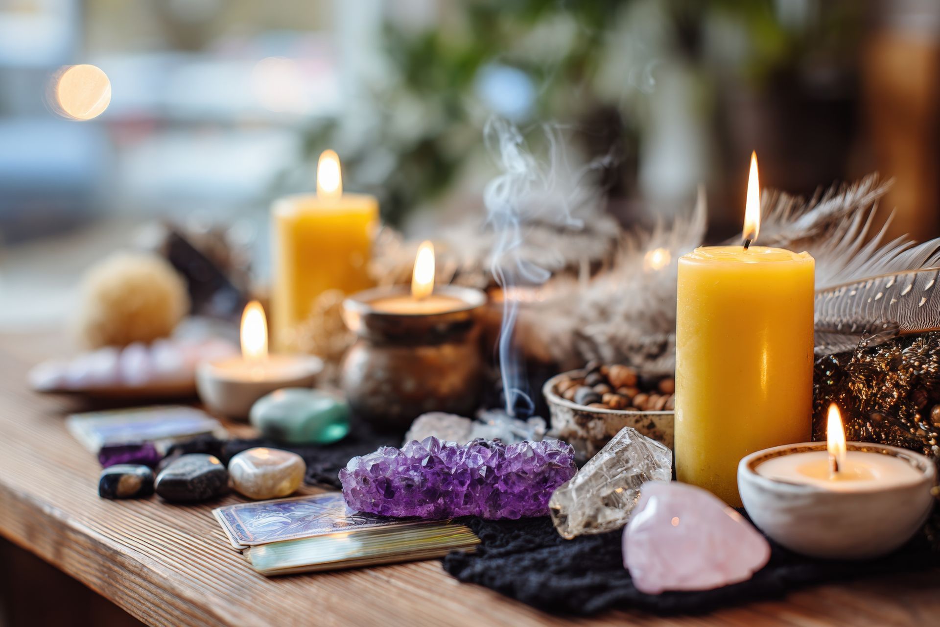 Bougies, cristaux et cartes de tarot sur une surface en bois ; ambiance mystique ou spirituelle avec un éclairage doux.