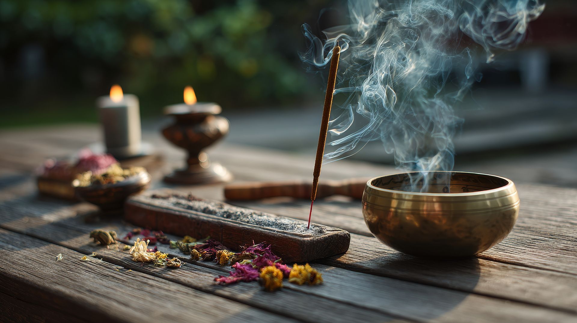 Table en bois avec bâtonnet d'encens, bol en laiton contenant de la fumée, deux bougies et des fleurs séchées.