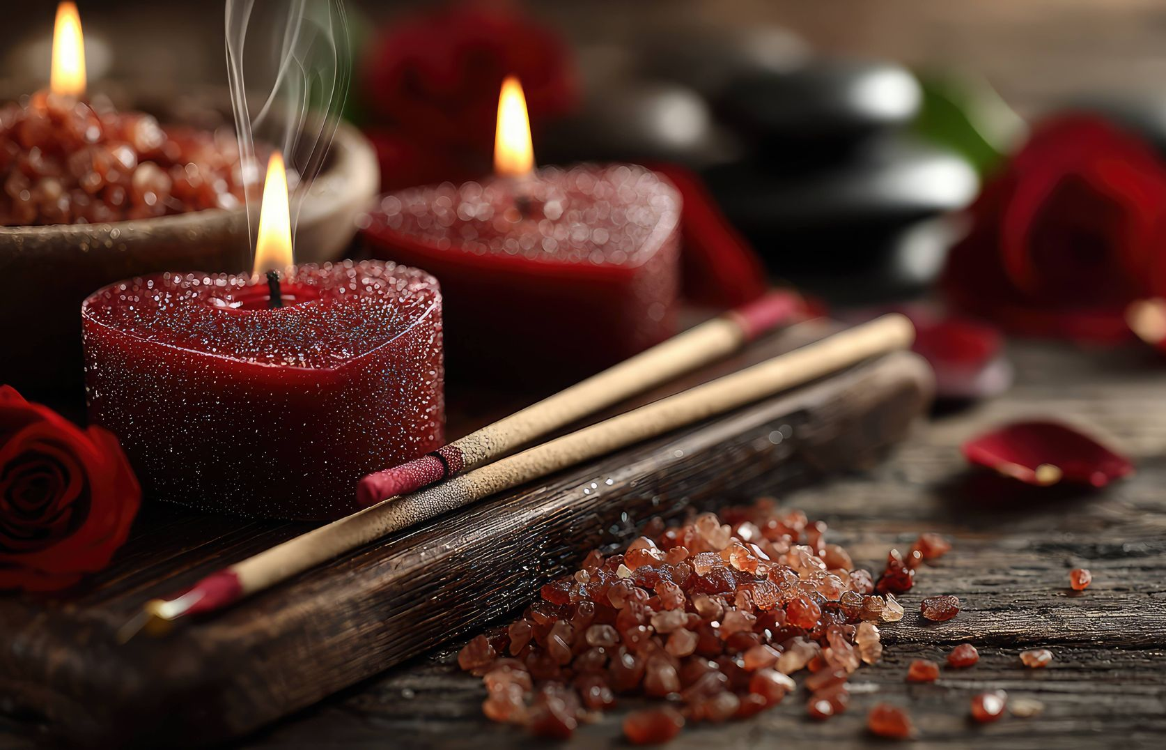 Des bougies en forme de cœur, des pétales de rose et des sels de bain bruns sur un plateau en bois, créant une ambiance de spa.