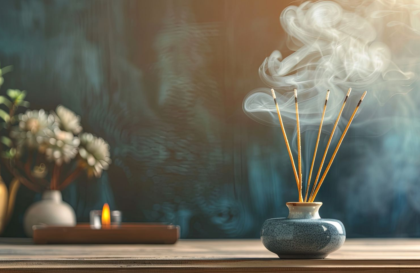 Façade de la boutique L'Encensoir avec une table d'exposition violette et des produits à l'intérieur de la vitrine.