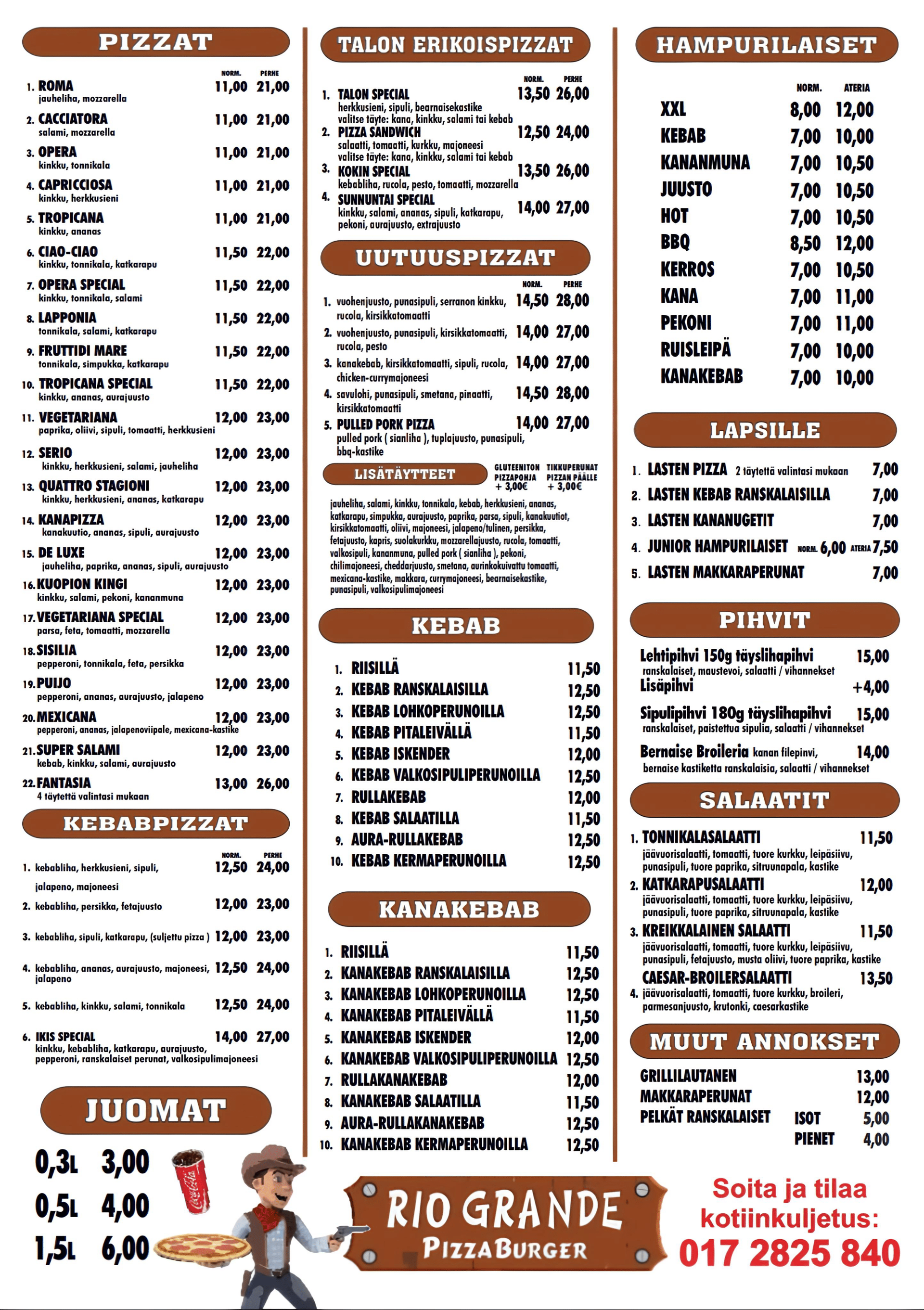 Ravintolan ruokalista, jossa on kuva miehestä pizzaa kädessään.