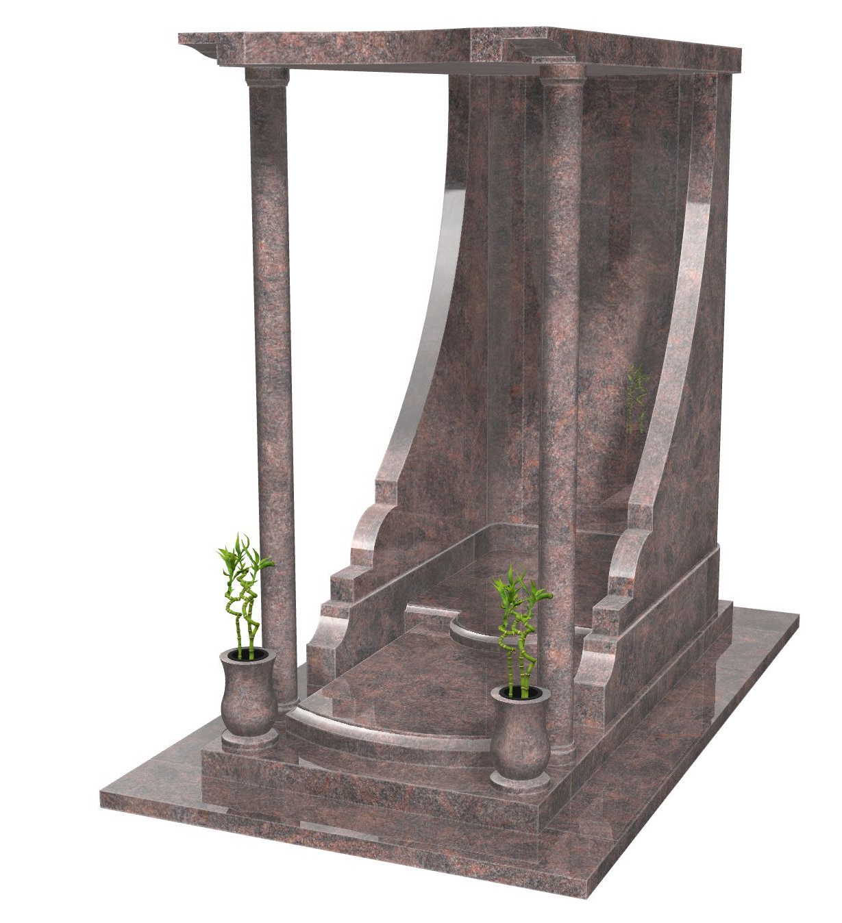 Structure en pierre avec piliers, arche et marches, des plantes en pot sont disposées à sa base.