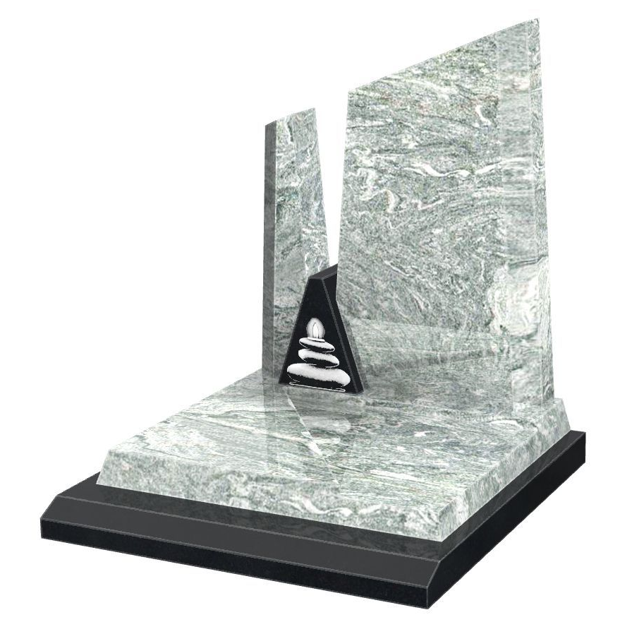 Pierre tombale en marbre à base noire et à motif géométrique, ornée d'une plaque noire centrale avec un symbole blanc.