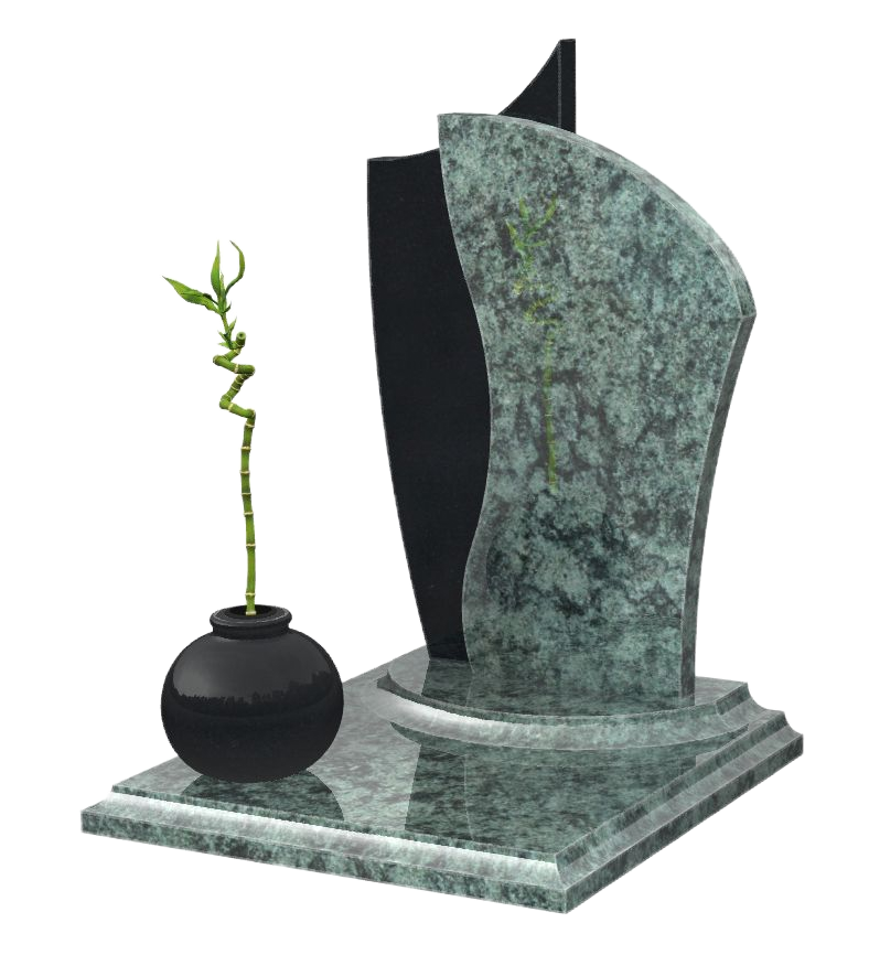 Pierre tombale ornée de pierres noires et vertes, et d'une plante de bambou dans un vase noir.
