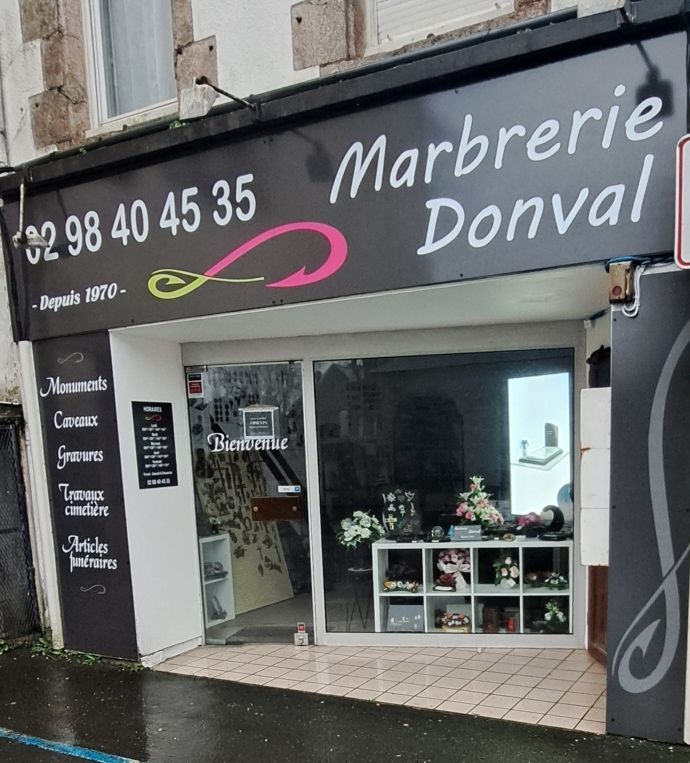 Marbrerie Donval shop front, glass display, sign 