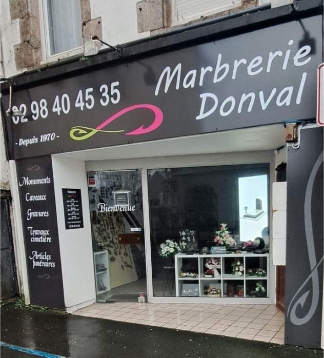 Marbrerie Donval shop front, glass display, sign 