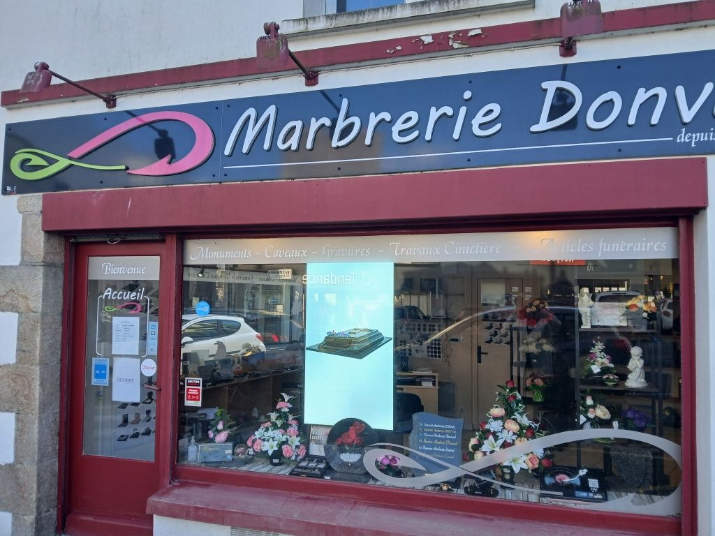 Marbrerie Donval shop front, glass display, sign 