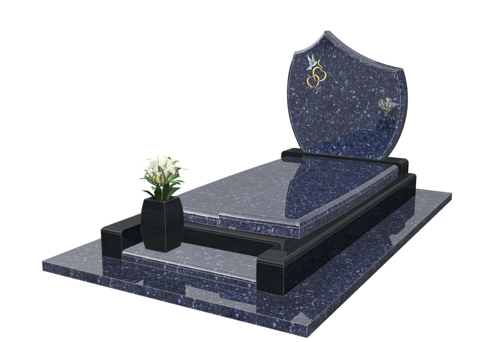 Pierre tombale en granit bleu ornée d'une alliance, vase de fleurs blanches.