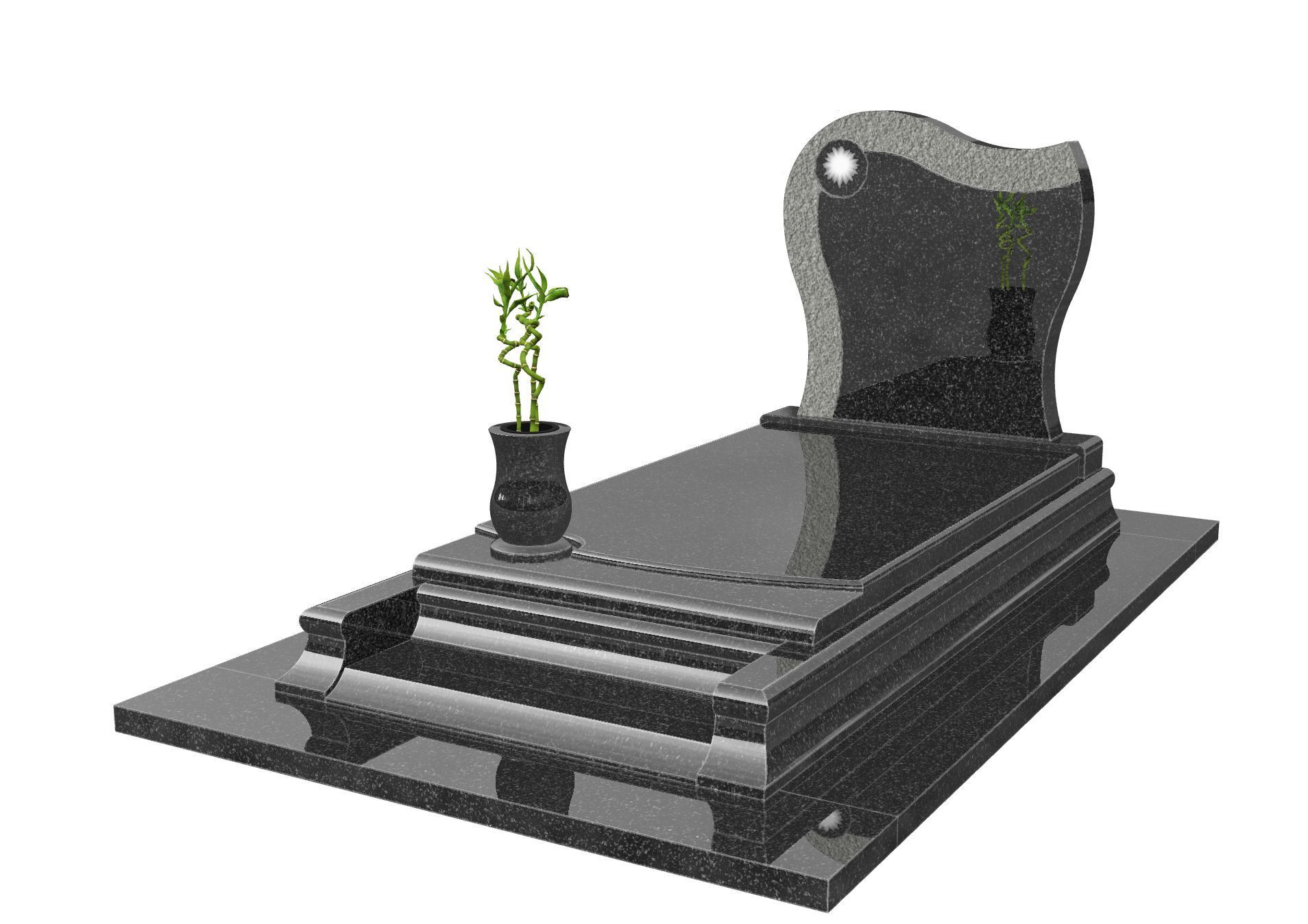 Pierre tombale en granit noir avec vase de bambou, à sommet incurvé et bordure grise.