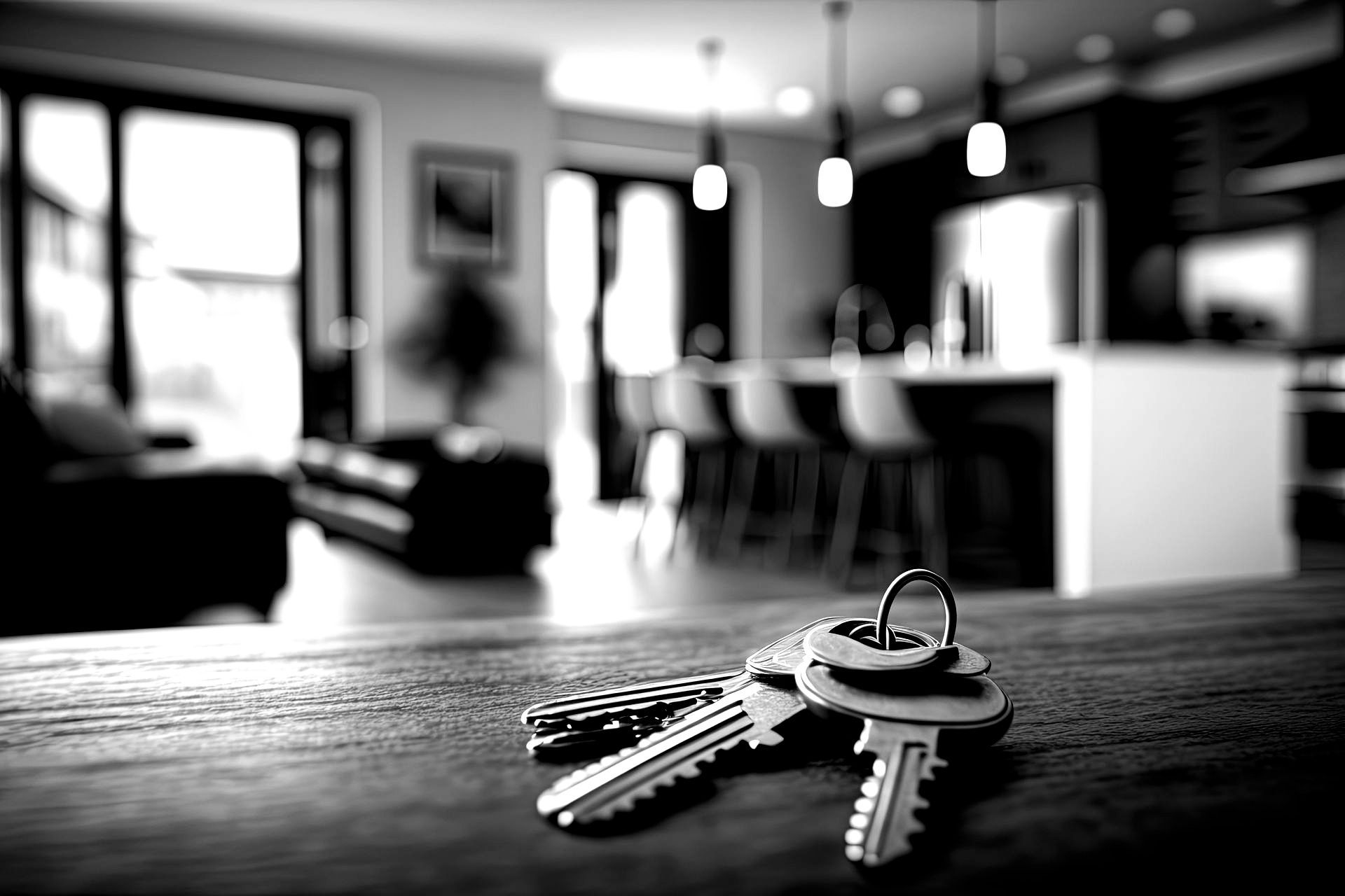 Trousseau de clés posé sur un meuble avec en fond une cuisine équipée