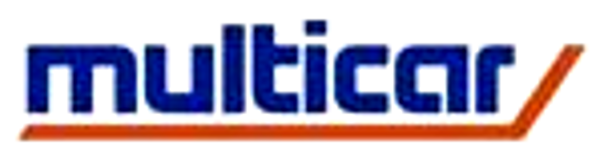 ein blaues und orangefarbenes multicar-Logo auf weißem Hintergrund