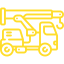 Un dibujo lineal amarillo de un camión con una grúa adjunta.