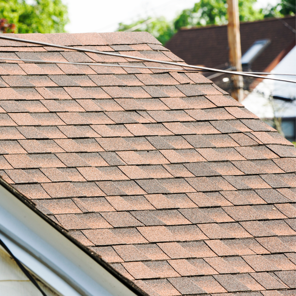 Toiture en bardeaux d'asphalte brun sur une maison, vue en angle.