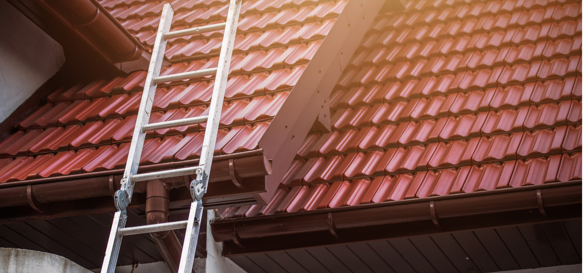 Échelle appuyée contre un toit de tuiles rouges, près d'une gouttière. Lumière du soleil.