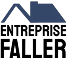 Logo de l'entreprise Faller, représentant le contour d'une maison bleue sur un texte noir.