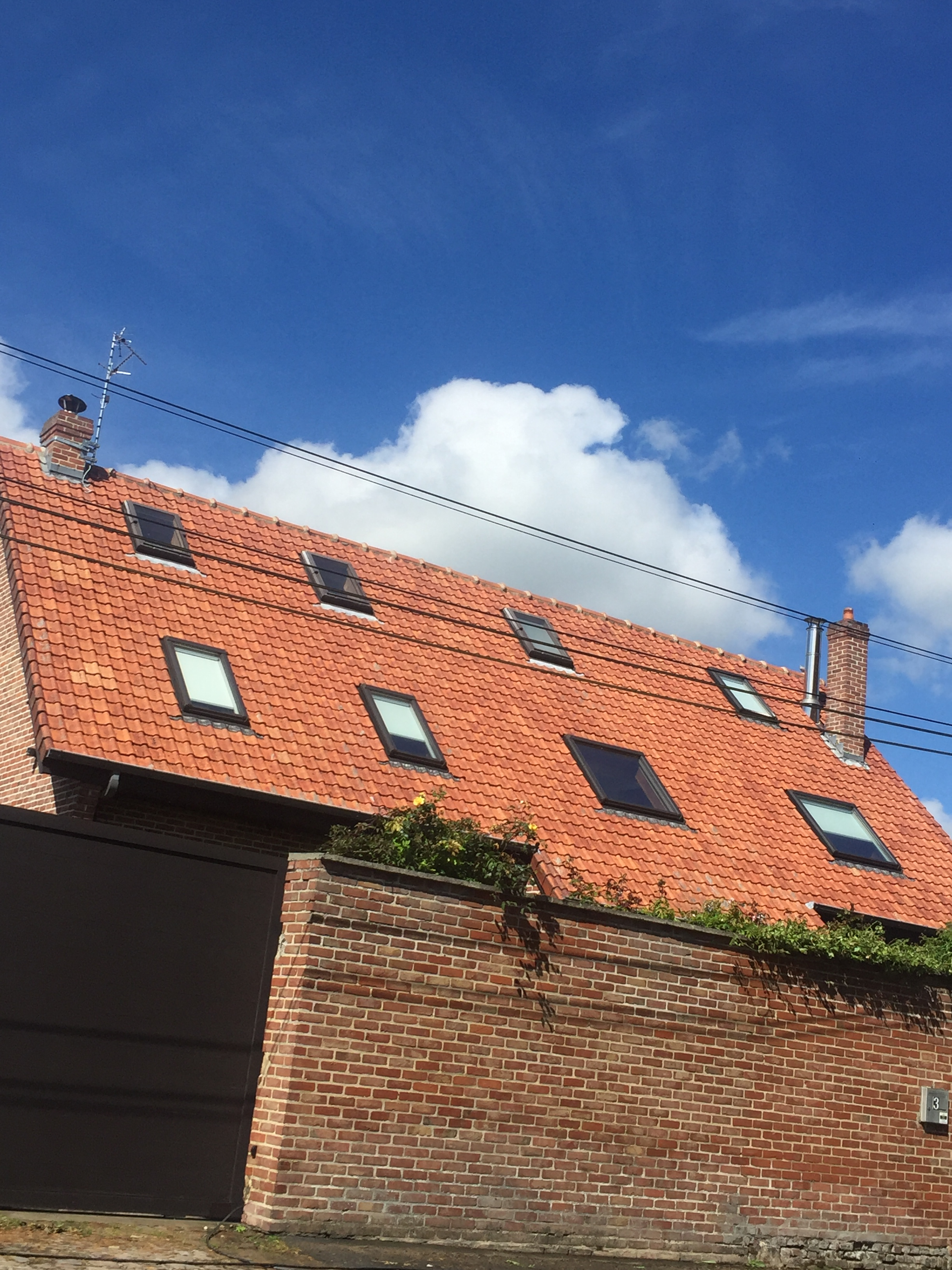 Toit de tuiles rouges percé de plusieurs puits de lumière sur fond de ciel bleu, mur de briques au premier plan.