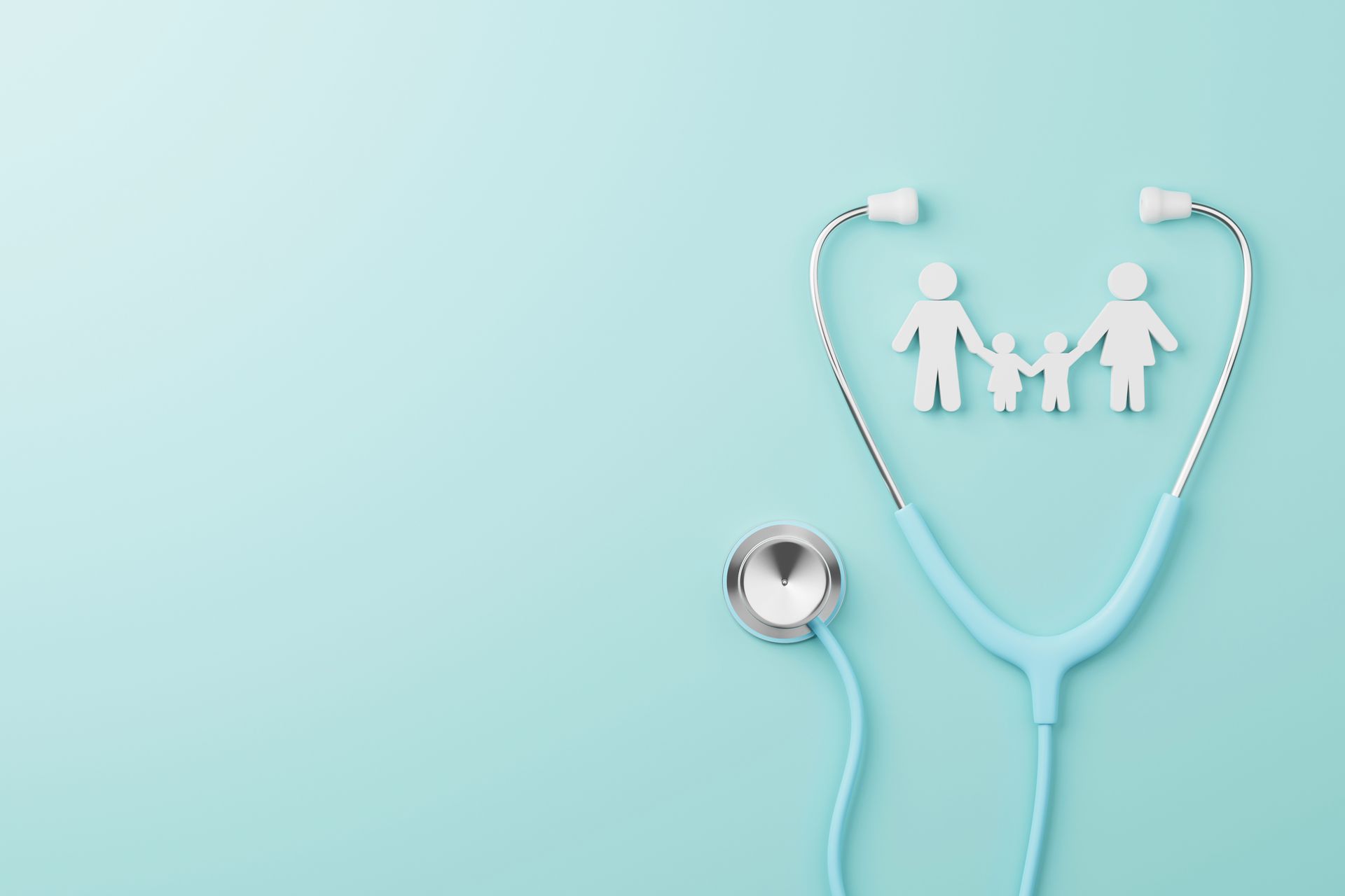 Quatre silhouettes représentant une famille au milieu d'un stétoscope