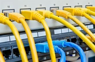 Ein Bündel gelber und blauer Kabel ist mit einem Server verbunden.