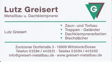 Visitenkarte für Lutz Greisert Metallbau u. Dachklempnerei, mit grünem Logo und Kontaktdaten.