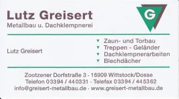 Visitenkarte für Lutz Greisert Metallbau u. Dachklempnerei, mit grünem Logo und Kontaktdaten.