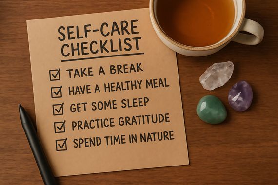 Routine bien-être : papier kraft, thé chaud, cristaux, stylo. Prenez soin de vous simplement.