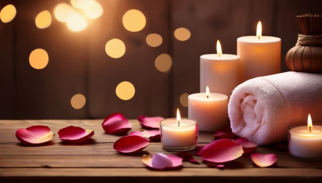 Bougies allumées, pétales de rose et serviette roulée sur une surface en bois avec un fond bokeh.