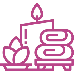 Icône du spa : bougie allumée, serviettes roulées, fleur de lotus et plateau, le tout en rose.