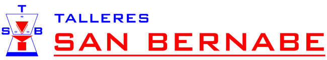 Logotipo de TALLERES SAN BERNABE en azul y rojo con un icono de reloj de arena estilizado sobre fondo blanco.