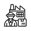 Icono de línea negra de un trabajador de la construcción junto a una casa con herramientas y un portapapeles.