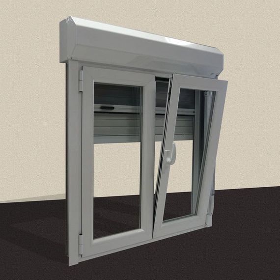 Ventana abatible gris con ventilación superior tipo toldo, mostrada cerrada contra una pared beige.