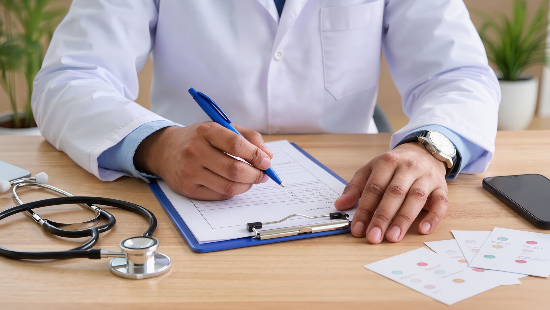 Un médecin prend des notes sur un bloc-notes, assis à un bureau, avec un stéthoscope et des formulaires médicaux à proximité.