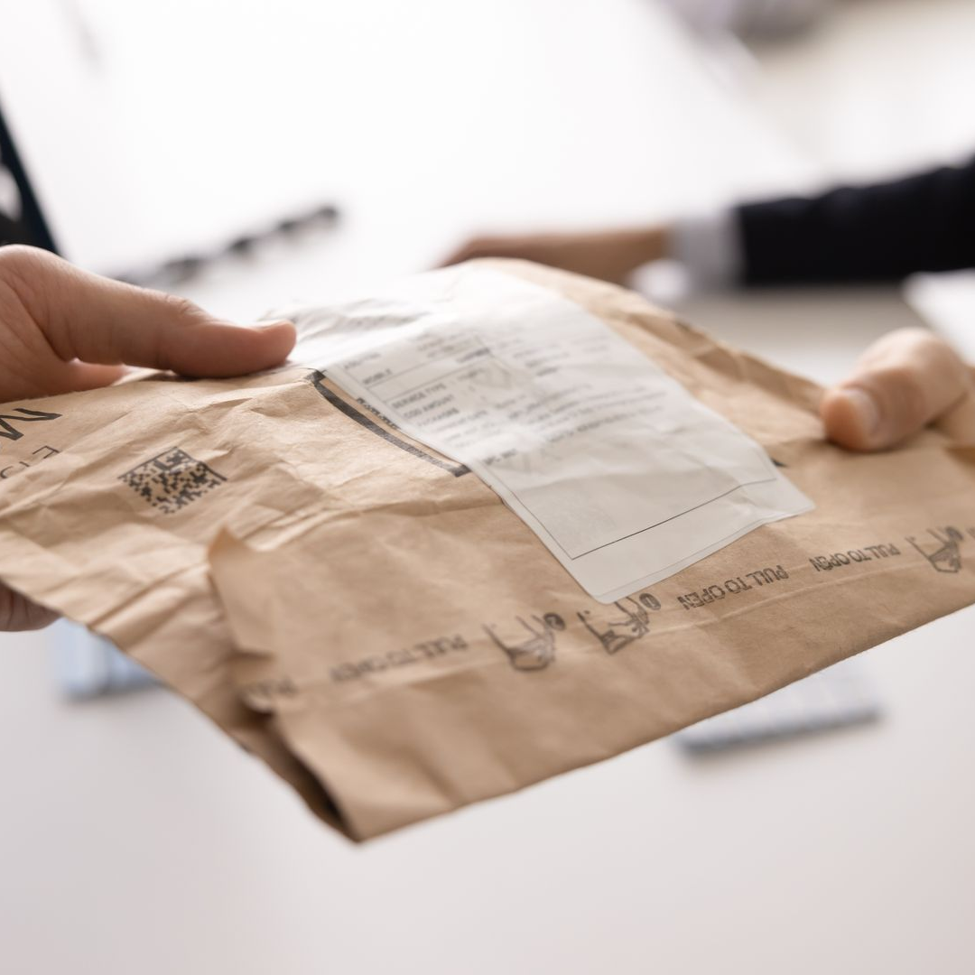 Des mains tenant une enveloppe d'expédition brune froissée avec une étiquette d'adresse blanche et un code-barres
