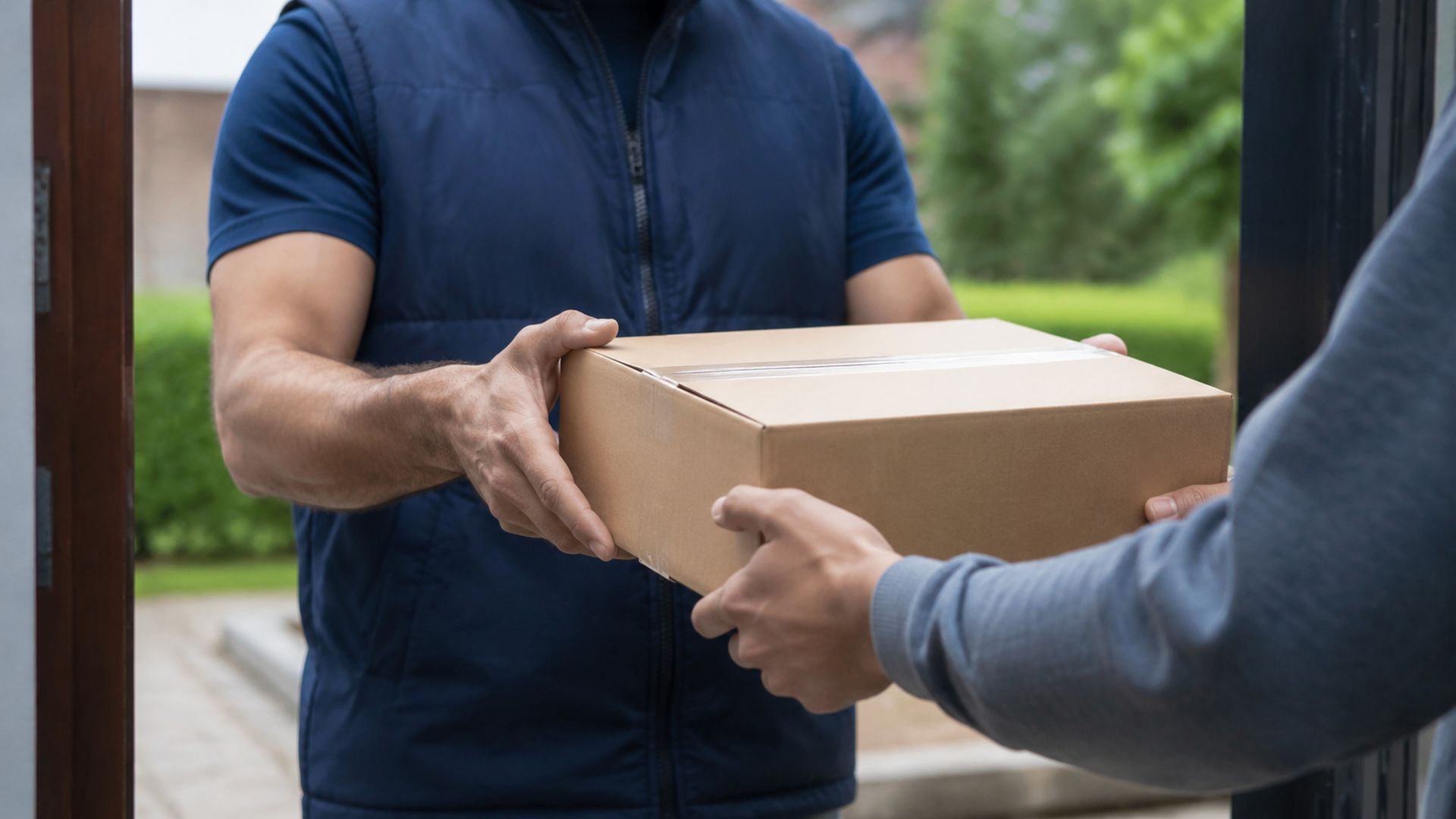 Deux personnes échangent un carton devant une porte d'entrée.
