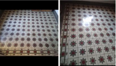 Dos imágenes de un suelo de baldosas con estampado floral.